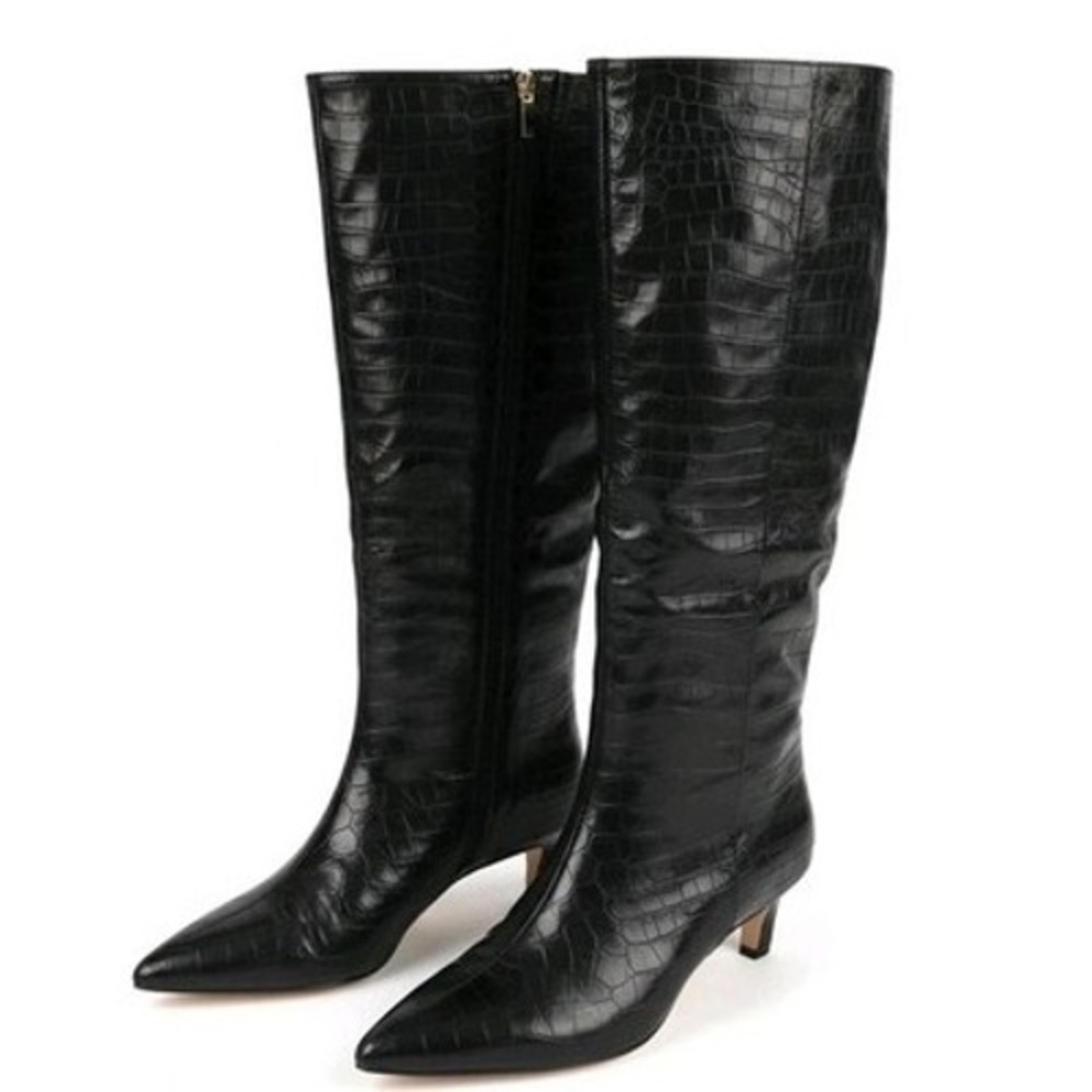 Nordstrom Dauphine-Lea Black Croc Embossed Leather Kitten Heel Boots 7.5M